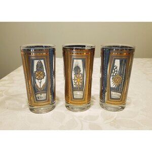 Vintage Mid Century Modern Tumblers Cera High Ball Glasses Blue & Gold Set Of 3